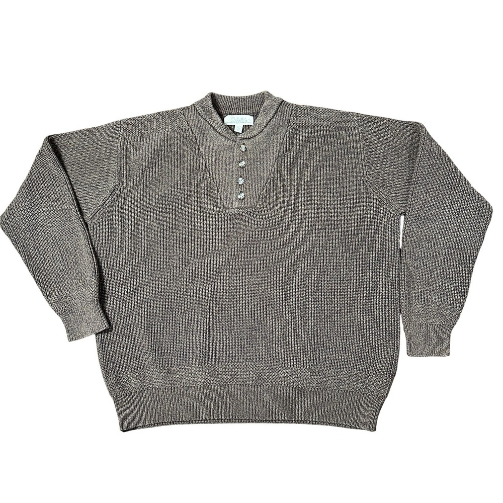 Cabelas Mens XL Sweater Heather Brown 100% Cotton Henley Button Knit Vintage